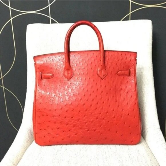 Authentic RARE HERMES Hac Birkin 32 bag Ostrich leather Rouge Vif red - Picture 2 of 11
